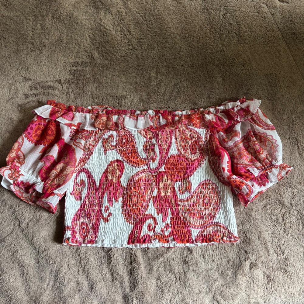 Express Pink Orange Paisley Smocked Off The Shoulder Crop Top Boho Ruffle Medium